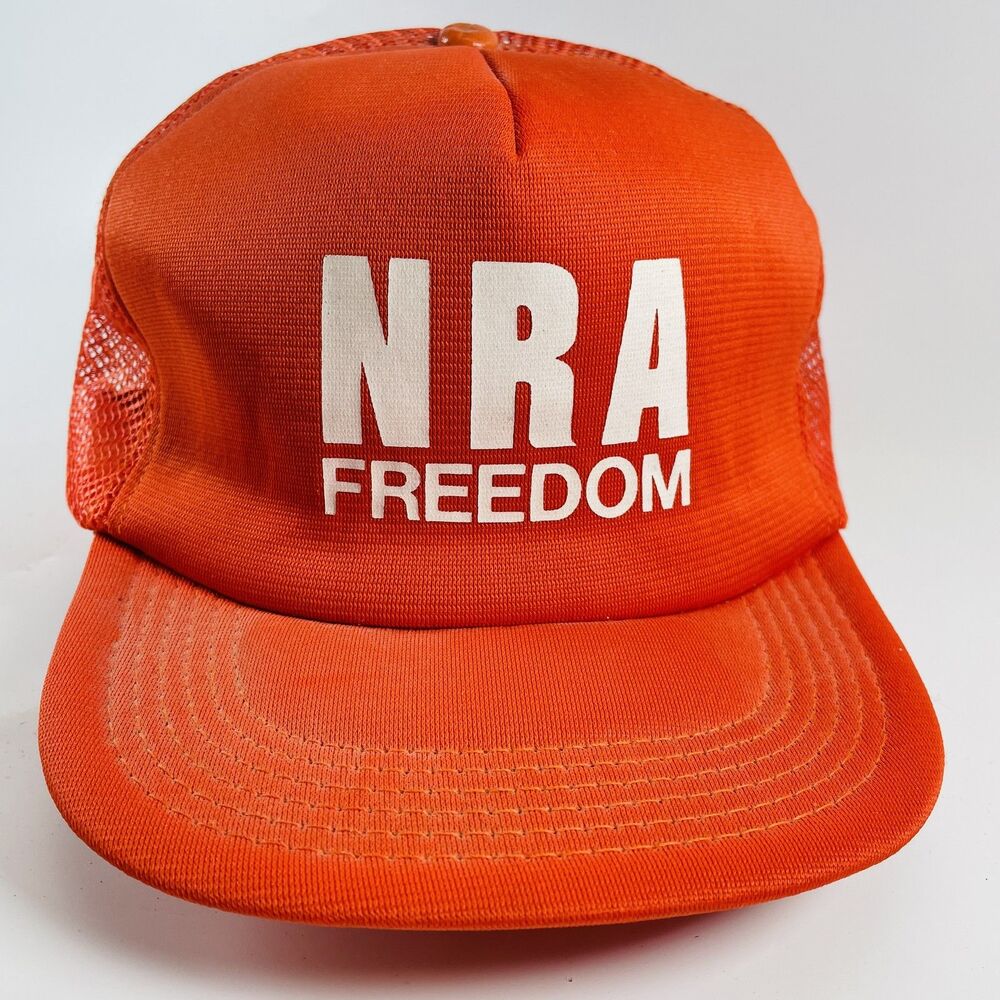 NRA Freedom Vintage Mesh Back Baseball Cap Snapback One Size Orange USA Made - Picture 2 of 9